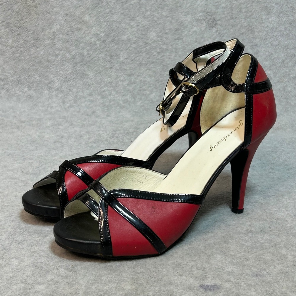Womens Red Black Patent Leather Stiletto Heels Ankle Strap‎ Peep Toe Shoes 42M - Picture 3 of 10